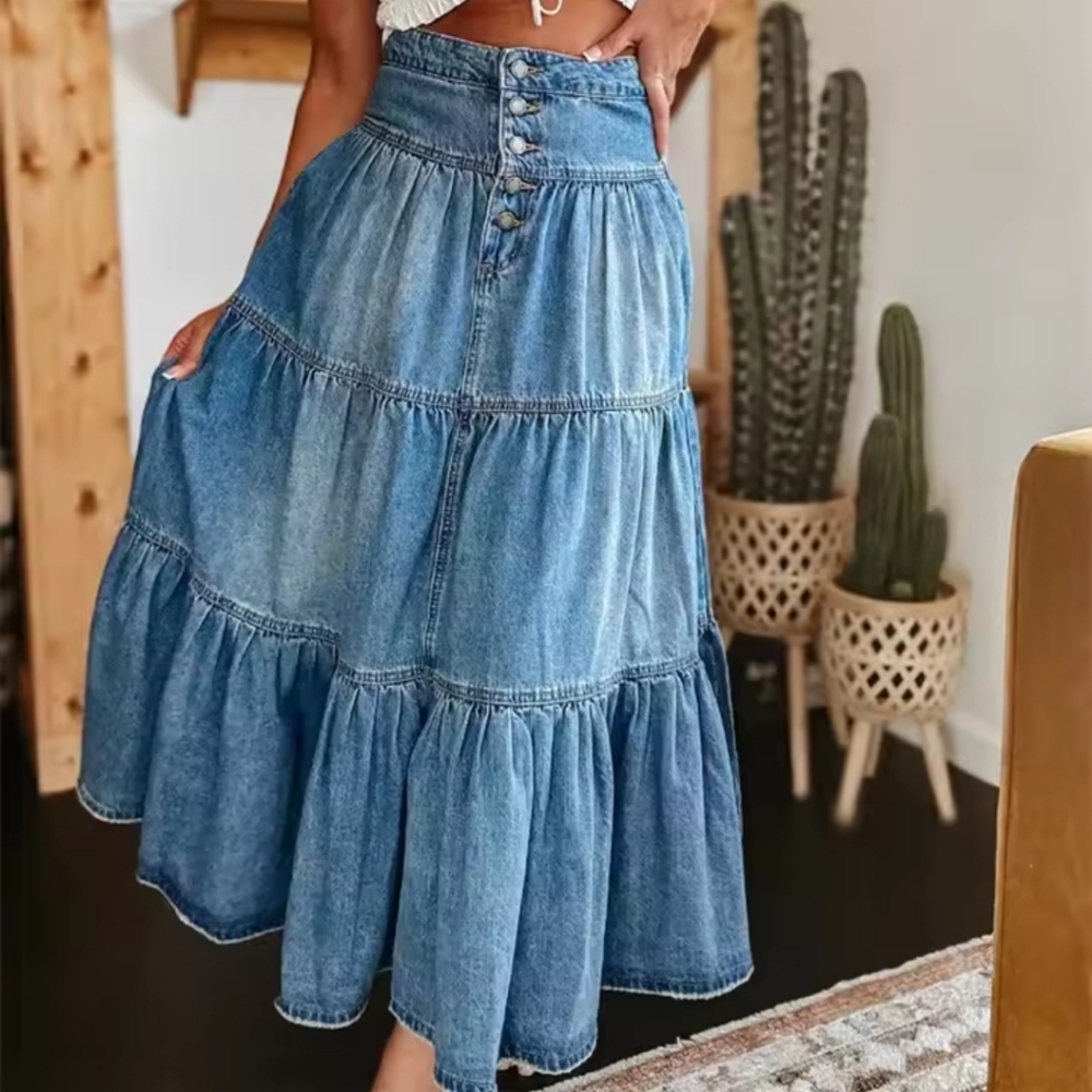 Maxi Long Skirts Women Spring SummerElastic High Waist Jean Skirt Ladies Vintag